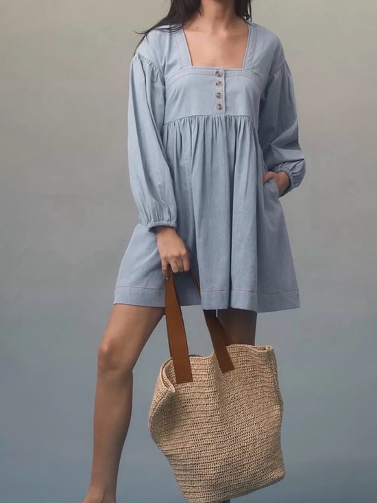 Anthropologie Dresses & Skirts - By Anthropologie Long-Sleeve Square-Neck Denim Babydoll Mini Dress size M